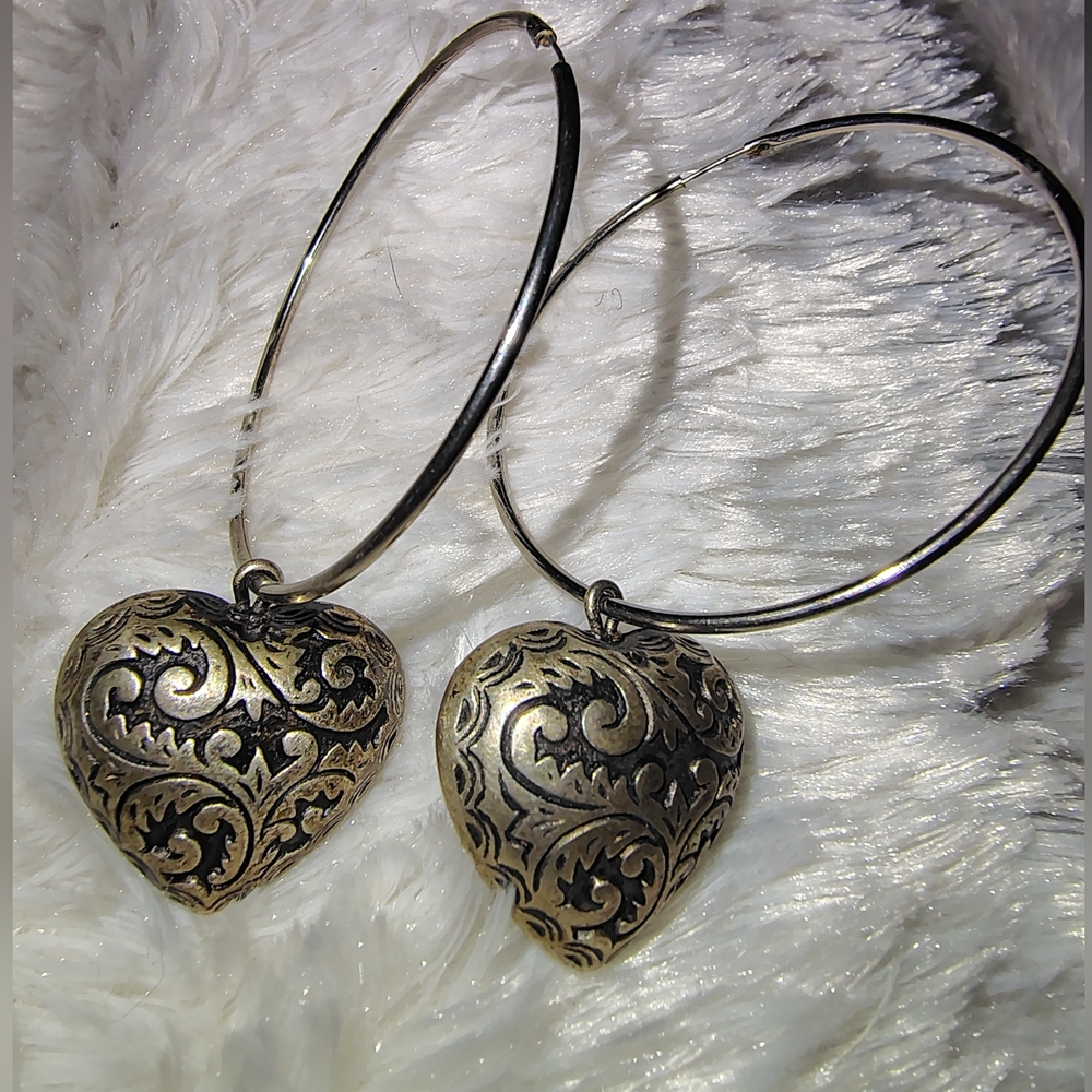 Vintage 90s Puffed Heart Scroll Hoop Earrings/ See Info